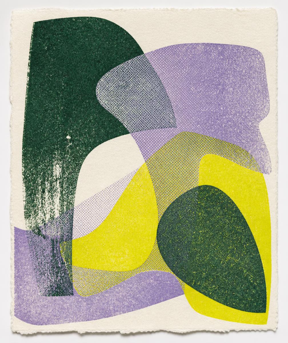 Abstract risograph print in ink green, acid yellow and lavender